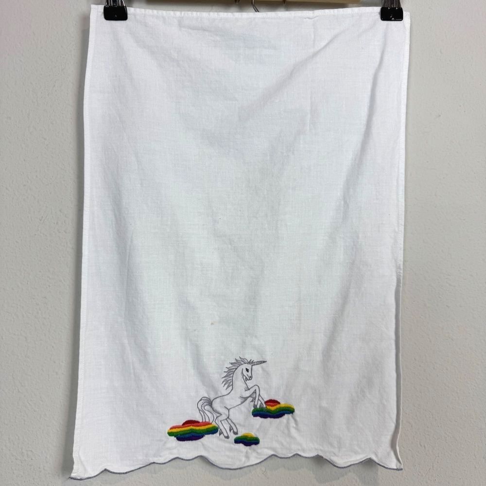Vintage Unicorn Rainbow Clouds Embroidered White Hand Towel